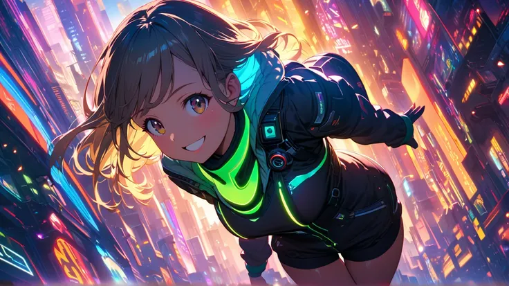 one girl, smile, Cheerful look,  is jumping, viewers,  The background is cyberpunk 、full body、low angle、low angle、High Resolution, backlight,  Color Difference, full body、full body