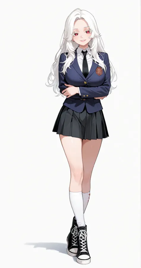 1 girl , beautiful, wavy white hair, middle part hair, long hair, defined red eyes, reddish lips, bright smile, white eyelashes, Latina, light skined, fit body, sexy body, big breast, long legs, high school uniform, black tie, dark blue jacket, black skirt...