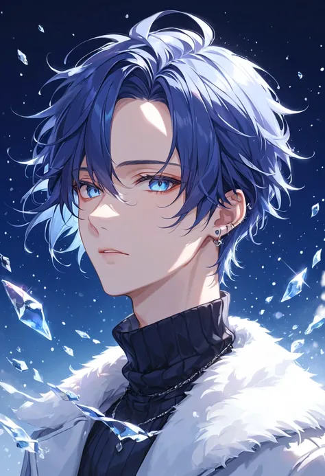 *"Ultra-detailed, hyper-realistic anime style, upper-body portrait. A young man with shoulder-length, deep midnight blue hair that shimmers with silver-blue highlights. His silky, layered hair frames his face perfectly, with a few delicate strands falling ...