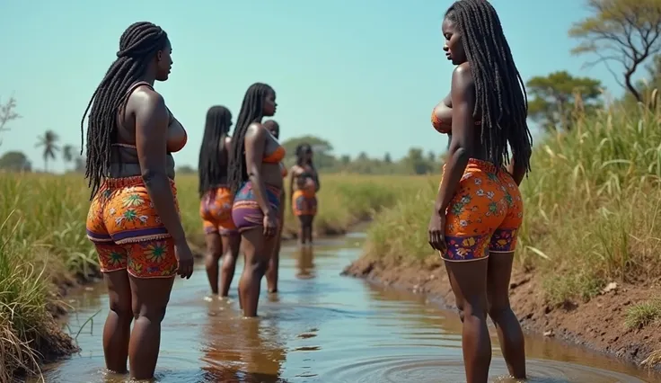 High Quality, 8K Ultra HD, The background is an African village with a group of beautiful, long haired, sexy, curvaceous working women with big breasts and butts in the distance. The Gabonese women are dressed in sexy African style. The village image must ...