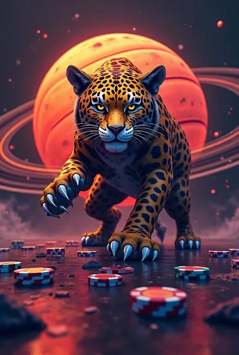 A basketball team logo, mascot and a jaguar, with poker chips behind it a basketball team logo the planet Saturn as if it were a basketball, its ring and a poker chip
