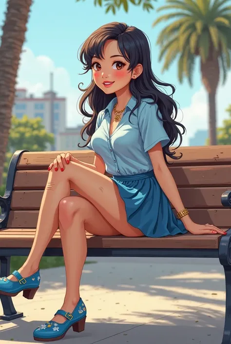 Tip: A very lovely  beautiful Asian American woman being happy alone on a bench in Downtown San Diego in the sun..The illustration is a high definition illustration with 4k resolution., with highly detailed facial features and cartoon style visuals, light ...