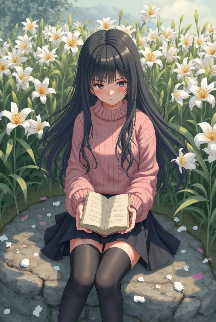  Girl with long black hair,knitted pink sweater, boots, stockings and black skirt,Embracing an old book lying in a dead rock of white lilies resting in peace
(anime) 