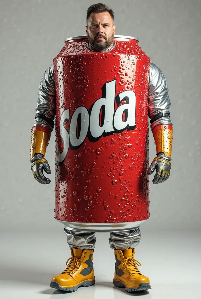 A man in a suit in the shape of a giant soda can. The can is metallic, with vibrant colors such as red and silver, and has a shiny design with bubbles and drops of water that simulate condensation. The upper part of the suit has a slightly open tin lid, as...