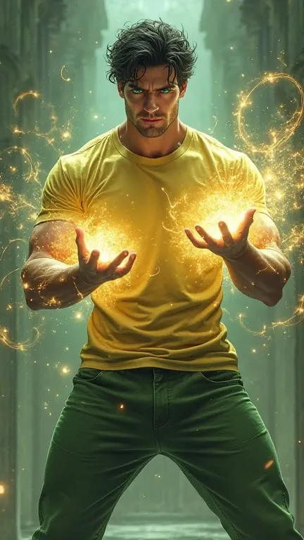 
A highly realistic, handsome, muscular man with green eyes and black hair, resembling a bodybuilder. He is agile and wears a yellow t-shirt and green pants. He is using powerful magic, with glowing energy swirling around his hands, creating a mystical aur...