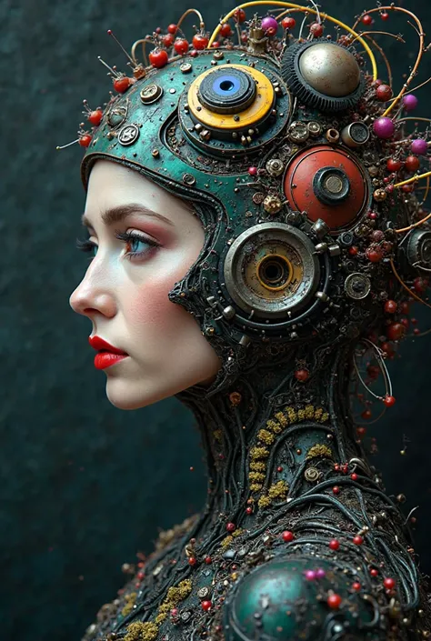 An artistic gothic composition that combines elements of biomechanics and BEAUTIFUL ITALIAN FEMALE MODEL. It depicts a profile view of a BEAUTIFUL ITALIAN FEMALE MODEL woman with part of her face replaced by a lush mech scene with cybernetic gears, dense m...