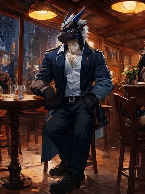 Embed:Black Dragon,  male,Black body with dragon scales, White chest,dark blue eyes, scar on face,Dragon Tail, Single,Trench coat,Modern casual clothes, walking on moonlight ,Melancholy eyes, Tables and Chairs, Pub, By the window, indoor,night, Sitting,Loo...