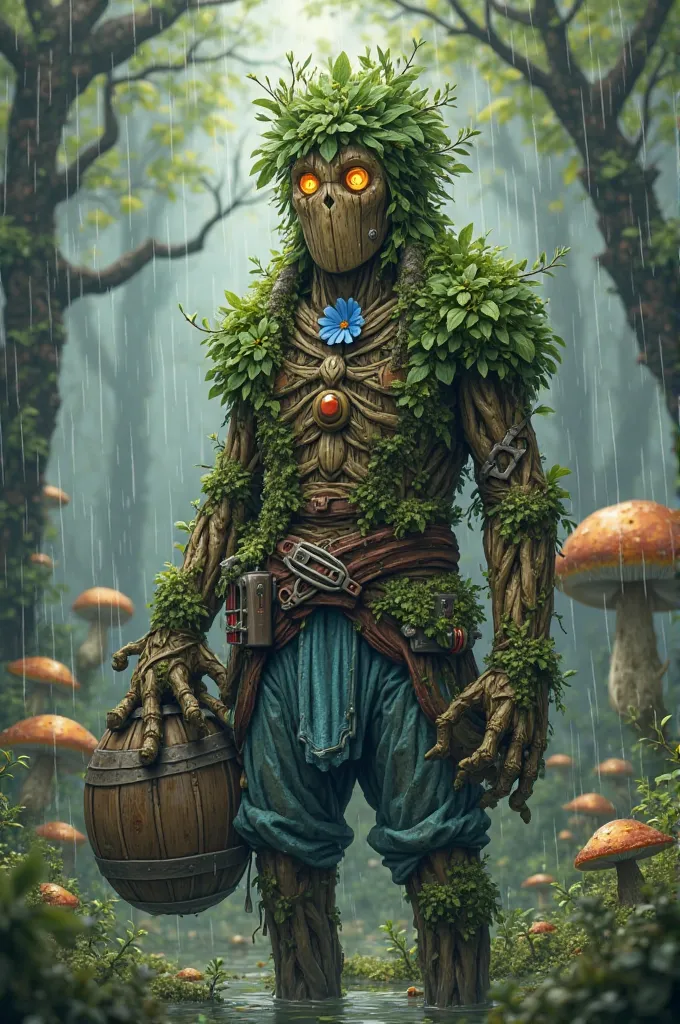 A wooden man, his hair is made of leaves, his whole body is made of wood. He's wearing a moss coat with a blue flower on his chest, a shirt made of spider webs, his arms are covered with moss and mushrooms . He's wearing a belt with several potions, he's w...