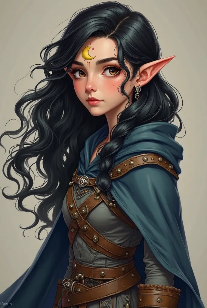 A medium height elf, wavy black hair on the shoulder and with two locks on each side that pass over the shoulder, with an adventurer's outfit and with a dark blue cape, She has a small moon drawn on her forehead and has light brown eyes 