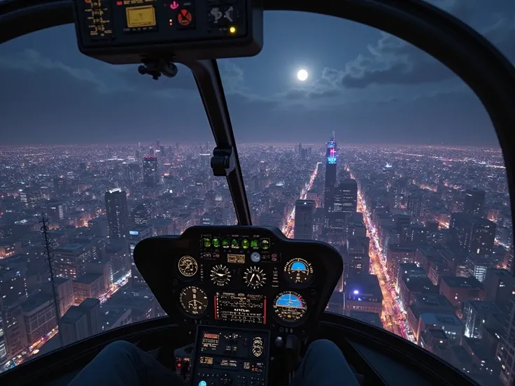 Shades of nighttime cityscape from inside co pilot helicopter.. visible from the front without any of its pilots