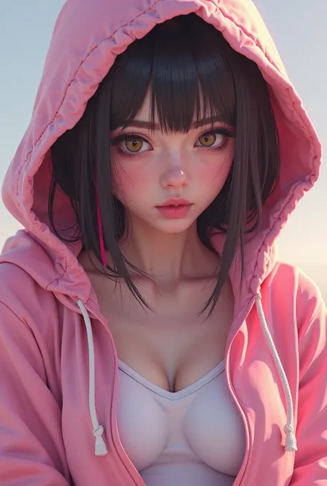 a close up of a woman in a pink hoodie, and underboob shirt porn and white pants, a hyperrealistic painting inspired by Ross Tran, trending on Artstation, hyperrealism, trending on cgstation, ilya kuvshinov. 4 k, cyberpunk anime girl in hoodie, realistic a...