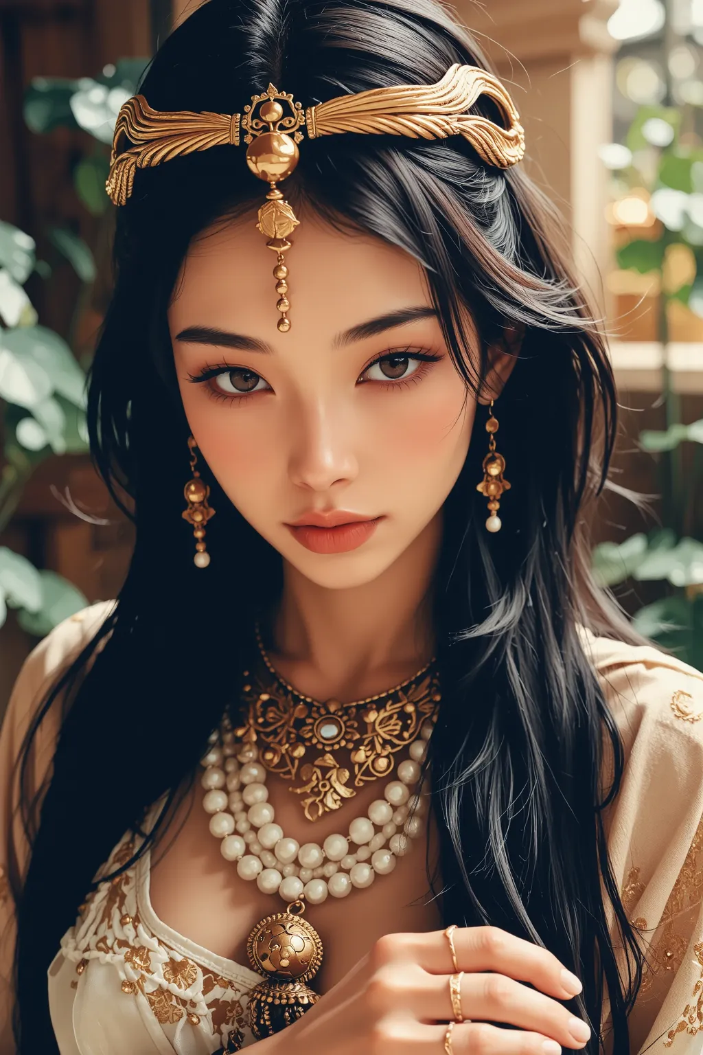 "A supernatural beauty Egyptian woman with golden, warm skin, deep black hair adorned with Egyptian braids and golden jewelry, radiant golden eyes, symmetrical face with full lips and delicate nose, strong yet graceful athletic body with curvaceous waist a...