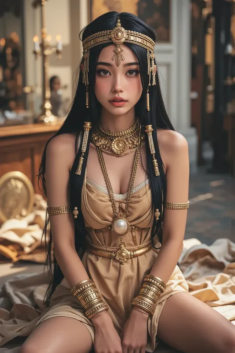 "A supernatural beauty Egyptian woman with golden, warm skin, deep black hair adorned with Egyptian braids and golden jewelry, radiant golden eyes, symmetrical face with full lips and delicate nose, strong yet graceful athletic body with curvaceous waist a...