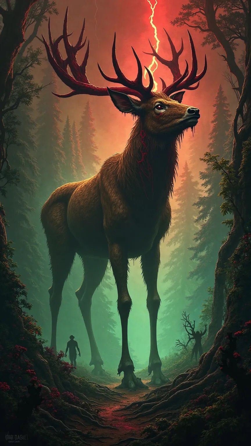 
*“In the heart of a cursed jungle, a giant, mutated fawn, standing over 50 feet tall, towers over the forest, its golden-brown fur now dark and covered in pulsating, blood-red veins. Its hollow, glowing white eyes stare soullessly at the land below, and t...