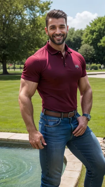 Handsome muscular man with a beard , Strong and muscular legs, large lump, Artwork,  smiling,  Super sexy in burgundy jeans and polo shirt with black stripes Ultra realistic masterpiece of 8k Great detail next to a fountain Super muscular , sexy ,  in the ...