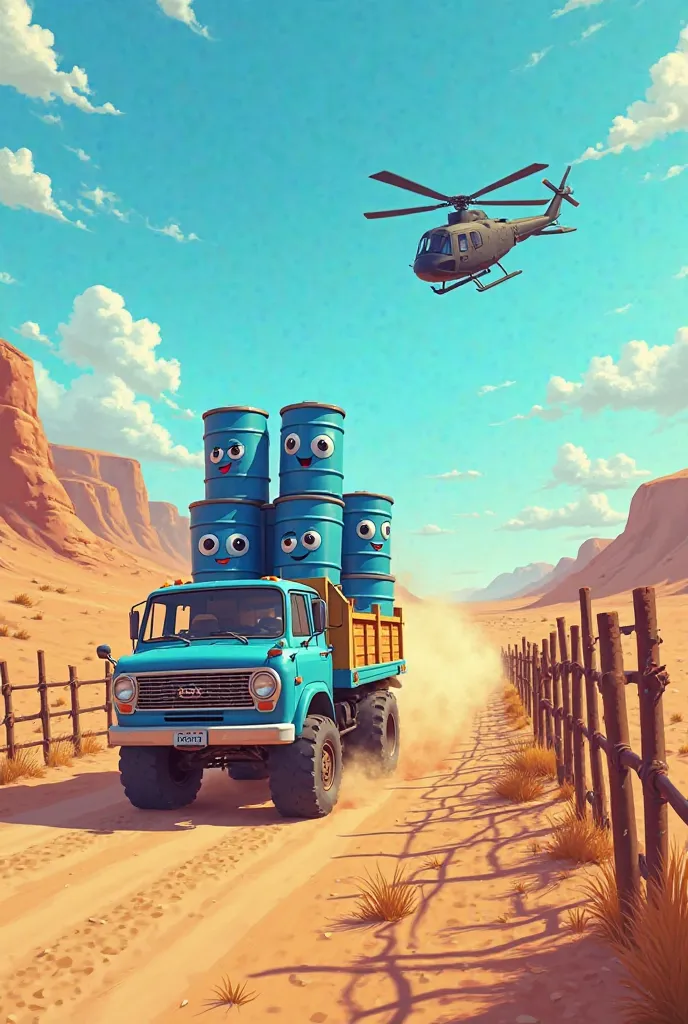 Create a cartoon image of a Nissan with fences loaded with blue drums in the desert and a black army helicopter in pursuit 