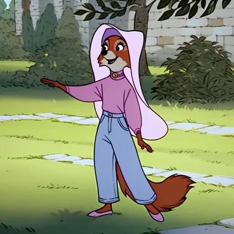 score_9, score_8_up, score_7_up, score_6_up, score_5_up, score_4_up, source_furry, maidmarianrhm, semi-anthro, female, fox, red-orange fur, , pink turtleneck sweatshirt , long sleeves ,blue jeans, pink shoes, standing, in forest,, 