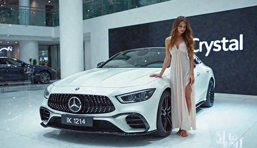  very beautiful long haired woman reaching orgasm wearing a nightgown with one breast A vibrantCrystal (car name) car with a bold front grille and hood scoops is being unveiled indoors in a sleek, modern showroom with glossy white floors and reflective sur...