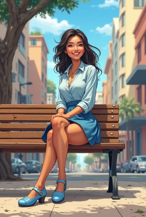 Tip: A very lovely  beautiful Asian American woman being happy alone on a bench in Downtown San Diego in the sun..The illustration is a high definition illustration with 4k resolution., with highly detailed facial features and cartoon style visuals, light ...