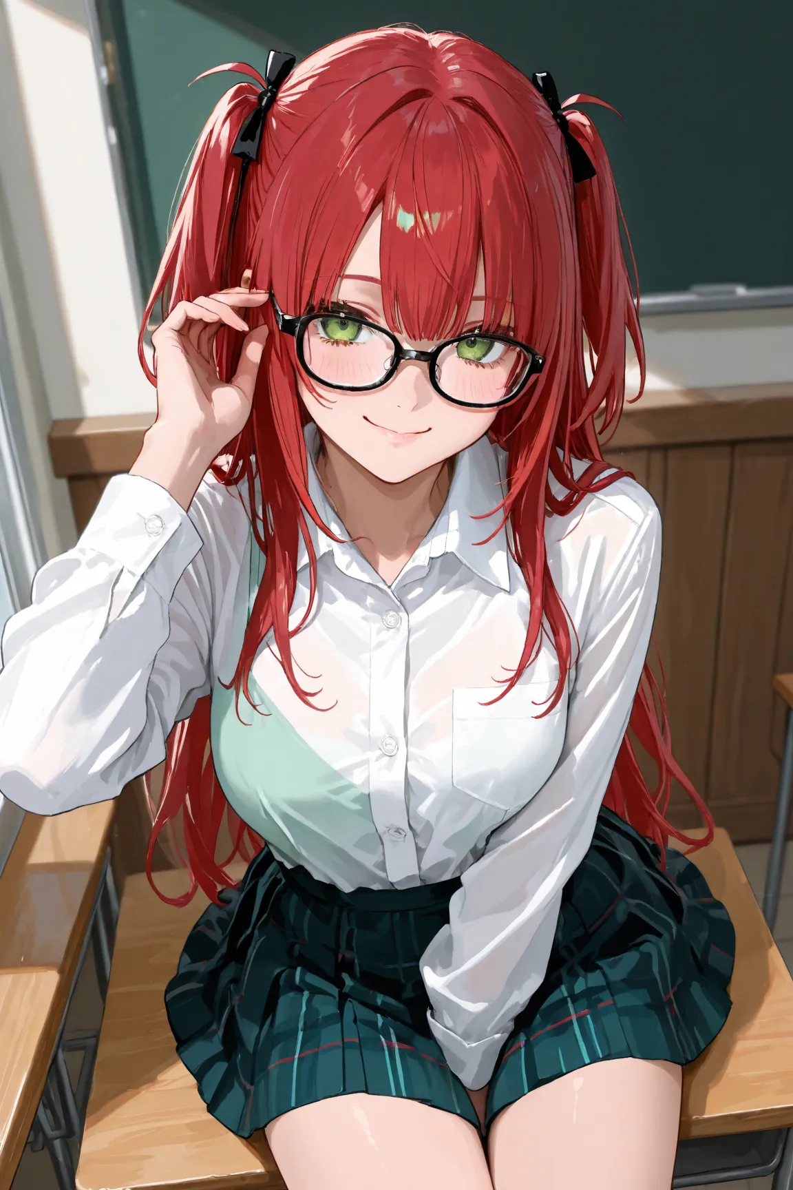 　 red hair 　Long Hair　two side up　green eyes　 school uniform　miniskirt　smile　dress shirt　 black rimmed glasses　 one girl 