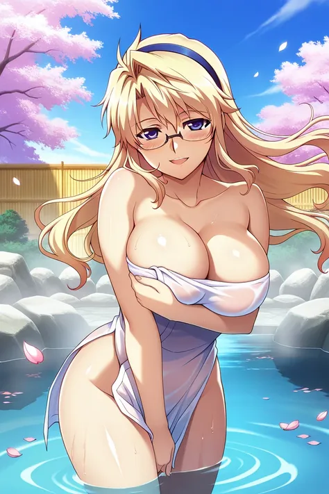 Best quality,masterpiece,soft light,official art,masterpiece,high quality,highres,absurdres,best quality,epic scene,natural textures,easynegative,huge_breasts, mature body, Erotic_style,anime_coloring,cowboy shot, onsen, outdoors, water, sky,cherry blossom...