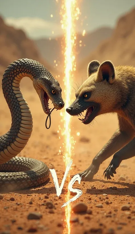 Digitally created image split vertically down the middle, featuring a brutal desert battle where a venomous rattlesnake rattles its tail, preparing to lunge at a fierce honey badger standing its ground. In the center of the image, the word "VS" is prominen...