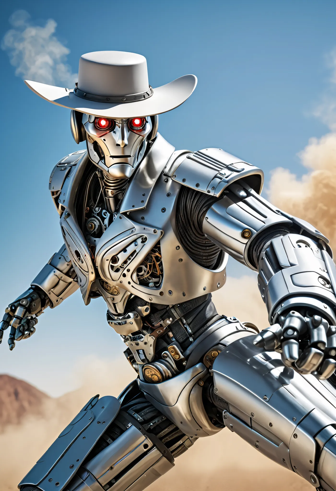 photograph of a intricately built cowboy android robot in an action pose shooting his two silver cold revolvers, wild west, action film, cinematic