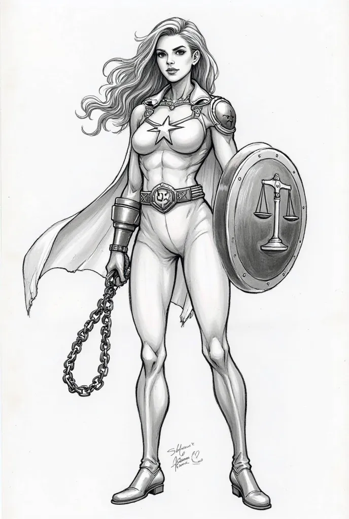 A sketch of a superhero named sue-perman. She has a shield that has a symbol of (2 scales) justice on it. She also has a copyright infringement detector hanging on her belt. A silver armwear with a symbol of citation on it.  Her weapon is a chain 