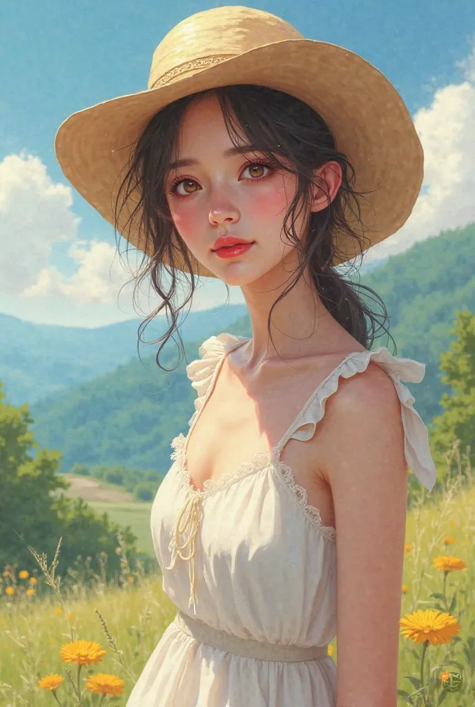 A beautiful girl with a summer hat and a cute, simple dress, similar to the features of the anime Lady Oscar, but with more lipstick and eyelashes.