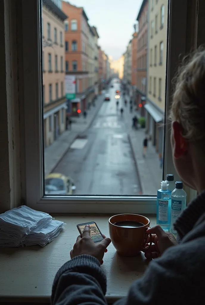 
"POV of a person at home, looking out the window onto a deserted street during quarantine. Hands hold a cup of coffee or a cell phone with news about the pandemic. on the table, a stack of disposable masks and bottles of alcohol gel. The reflection of the...