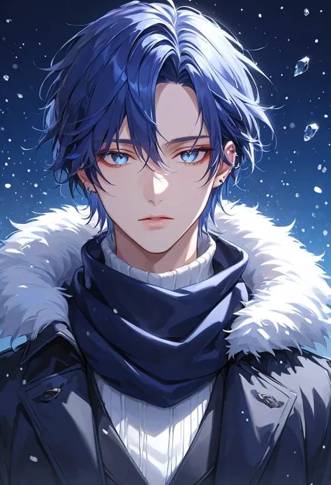 *"Ultra-detailed, hyper-realistic anime style, upper-body portrait. A young man with shoulder-length, deep midnight blue hair that shimmers with silver-blue highlights. His silky, layered hair frames his face perfectly, with a few delicate strands falling ...