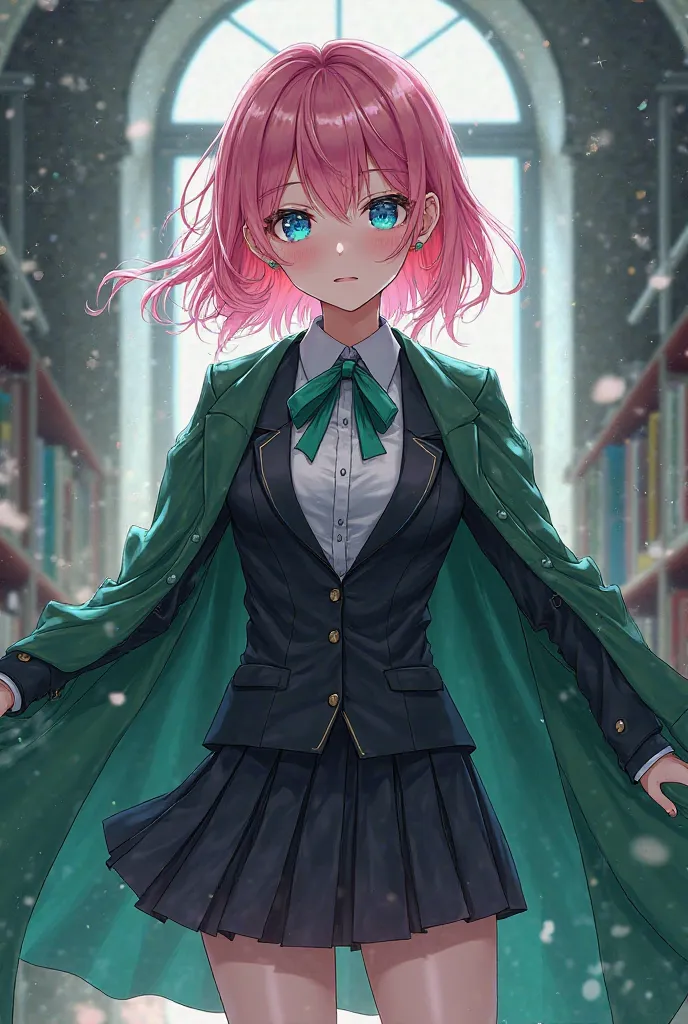 Anime Ai Black White Tie School Dress Green Robe Pink Rubber Hair Blue Eyes