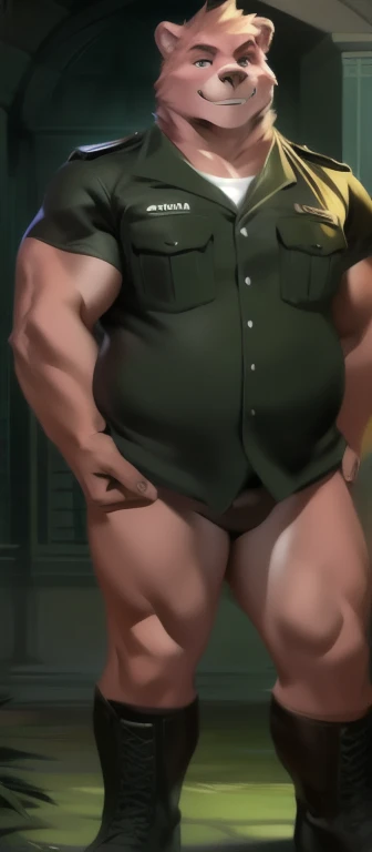 Solo, male Tall,model, huge​ body,​standing, den,Pink bear , black green Army uniform, overweight, muscular, smirking, by chunie​