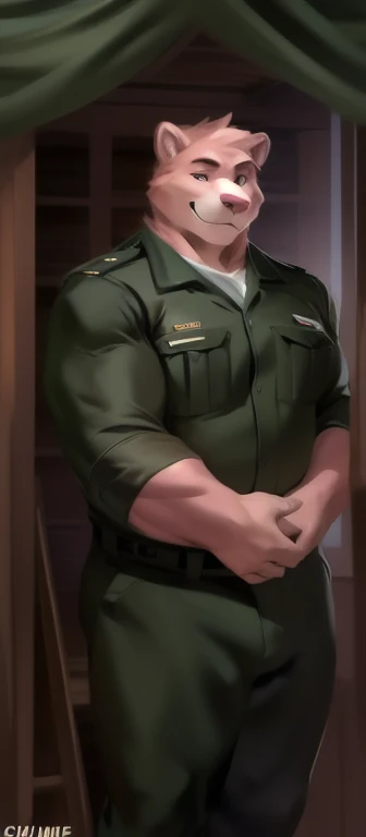 Solo, male Tall,model, huge​ body,​standing, den,Pink bear , black green Army uniform, overweight, muscular, smirking, by chunie​