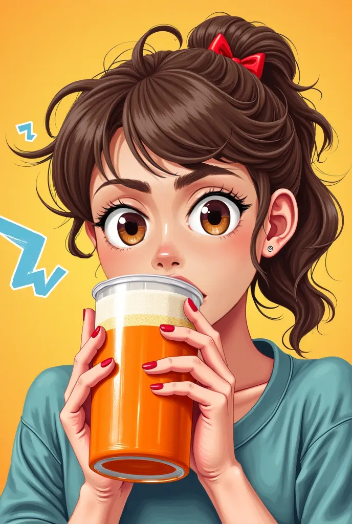 This picture shows the artistic design of a person with a banging sound while drinking a drink.  She was breathing and her eyes were startled.  This design can show the owner's feeling or surprise after drinking a drink that is too hot or tastes different ...