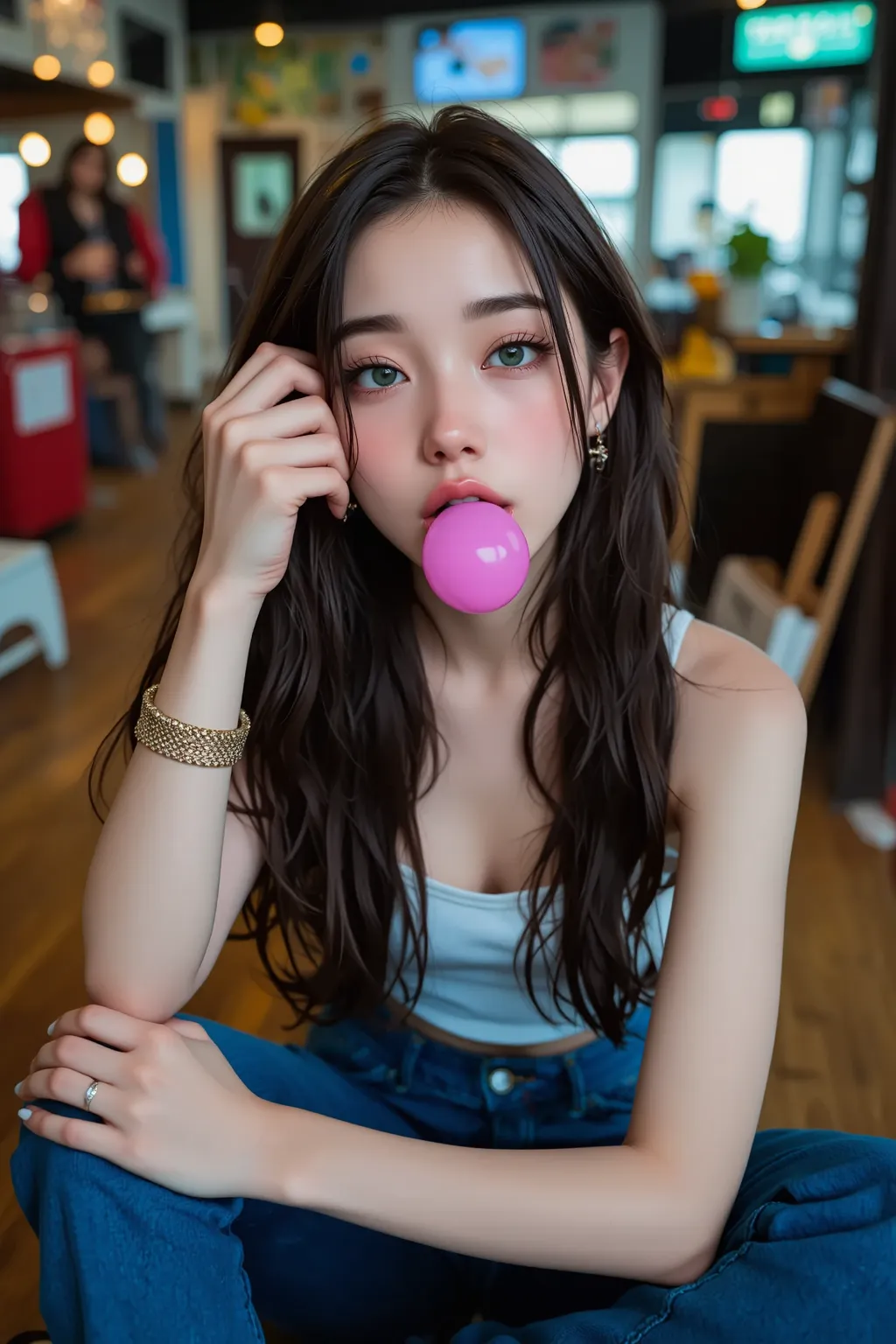 Hair woman with loose hair sitting on the floor with a pink bubble gum in her mouth, with hands resting on the floor, Green eyes sparkling bracelet, written bubblegum bitch 