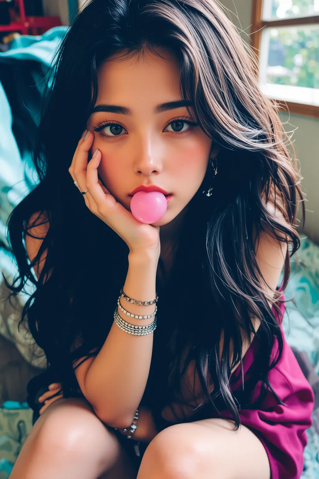 Hair woman with loose hair sitting on the floor with a pink bubble gum in her mouth, with hands resting on the floor, Green eyes sparkling bracelet, written bubblegum bitch 