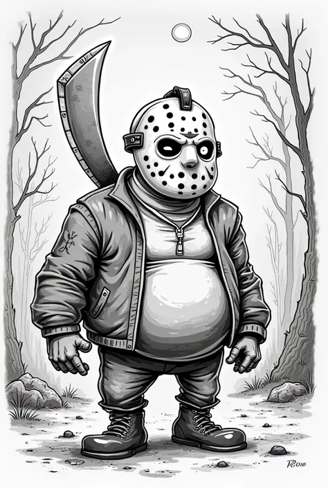 Create a goofy old school style black and white cartoon drawing of Jason vorhees