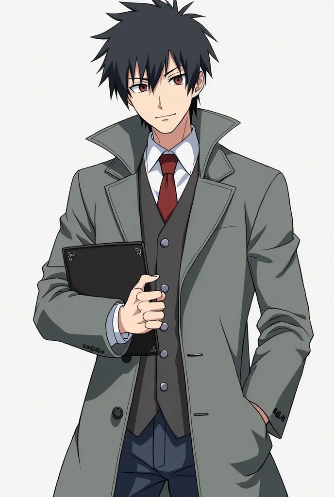 a cartoon of a man in a gray coat holding a black object, an anime drawing inspired by Kamisaka Sekka, pixiv, shin hanga, toru narita, akiyuki shinbou, joker as naruto, pain from naruto, hinata hyuga, trigger anime artstyle, naruto artstyle, kentaro miura ...