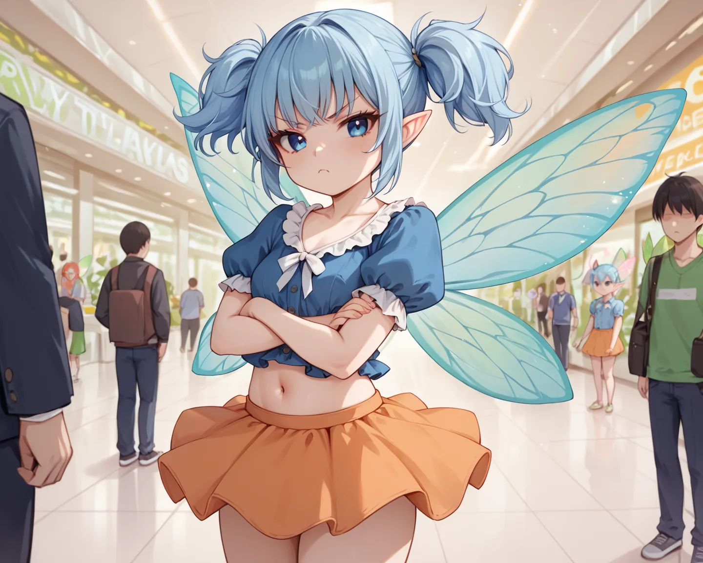 score_9_up, score_8_up, score_7_up, 1girl, solo, source_anime, fairy, FairyForm, Fairy Wings, Wings BREAK 

Short twintails, fairy wings, bangs, small breasts, light blue hair, blue eyes BREAK 

Light blue blouse, short sleeves, puffy sleeves, navel, orang...