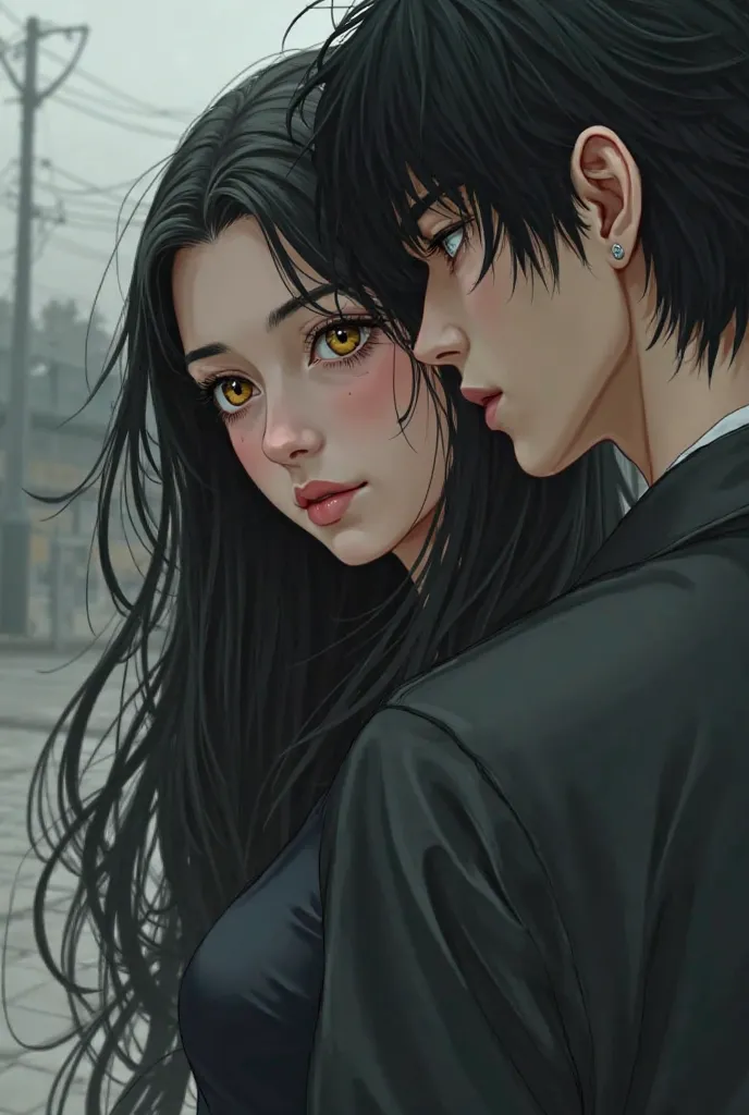 Pareja Abandoce, The girl , black hair, long hair,  golden eyes , The Chinese,  black hair ,  gray eyes ,  profiled face  