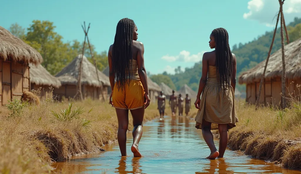 High Quality, 8K Ultra HD, The background is an African village with a group of beautiful, long haired, sexy, curvaceous working women with big breasts and butts in the distance. The Gabonese women are dressed in sexy African style. The village image must ...