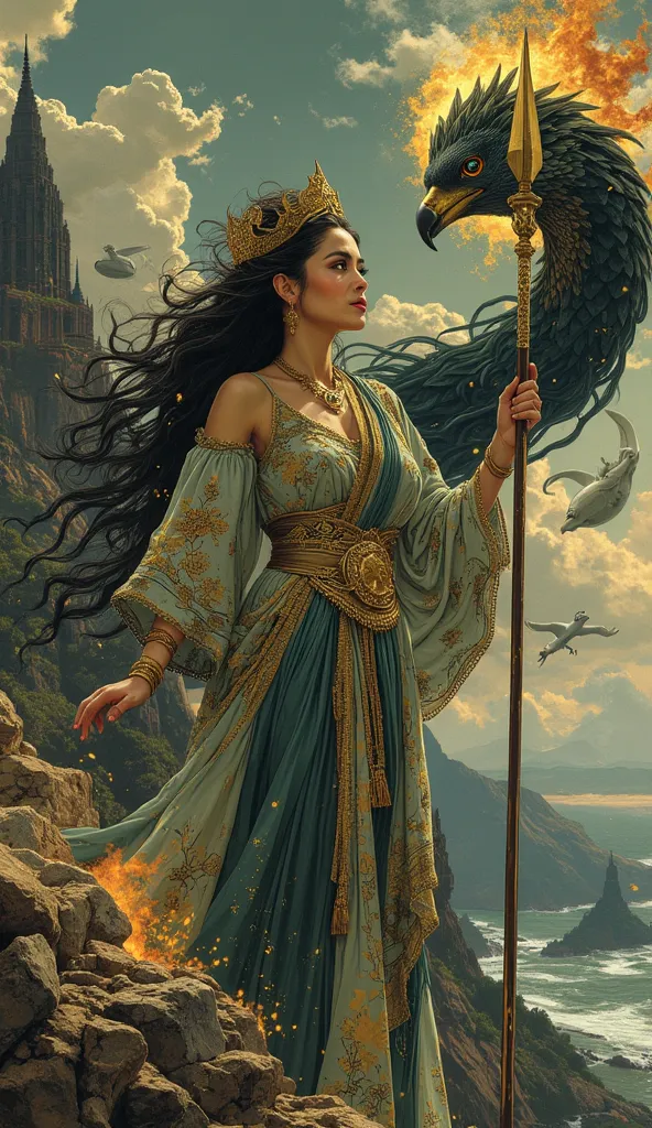 Ibu Pertiwi - Guardian of the Archipelago, Fantasy Hyper-Realism blended with Don Lawrence's iconic aesthetic (vibrant colors, bold outlines, dynamic lighting, meticulous detail), Oil on Canvas texture with rich glazes. A regal Indonesian woman stands atop...