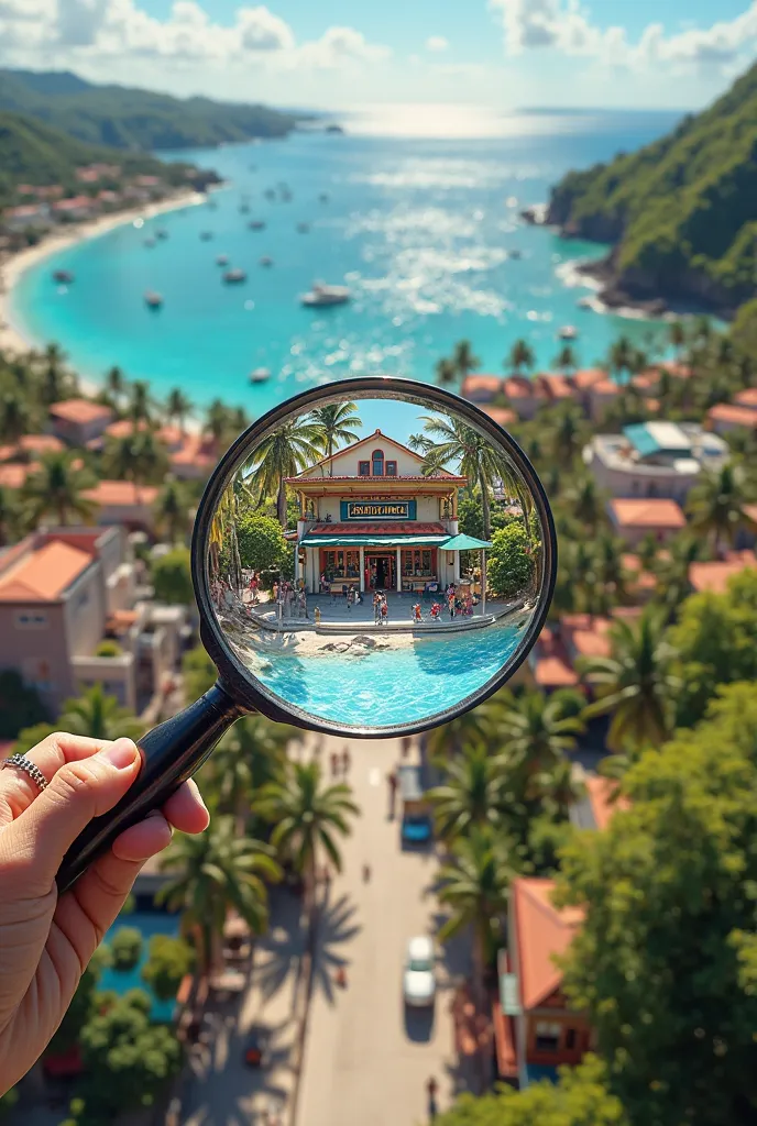 Create an image of a city in French Polynesia seen from above with a magnifying glass that points to a store on one level.