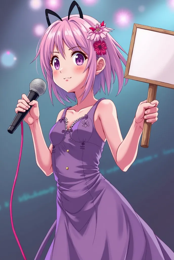 araffe girl in a purple dress holding a microphone and a sign, a picture by Tadashi Nakayama, tumblr, tachisme, hot topic anime convention, sakimichan, cutecore, sakimichan frank franzzeta, iwakura lain, belle delphine, fairycore, fanart, sakimi chan, misa...