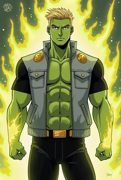 Age: 18 ,
Skin color: lime green
Height: 6'5,
Weight: 228lbs.
Body type: he has a bulky, stocky beefy build,
hair color:dirty blond hair,
Hairstyle: short undercut side part,
Powers/abilities:
* Super strength,
* flight 
* yellow energy beams/bolts.

* He'...