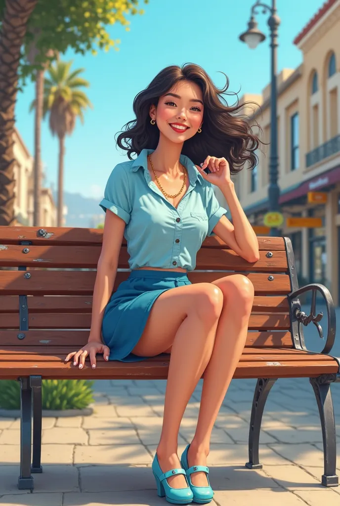 Tip: A very lovely  beautiful Asian American woman being happy alone on a bench in Downtown San Diego in the sun..The illustration is a high definition illustration with 4k resolution., with highly detailed facial features and cartoon style visuals, light ...