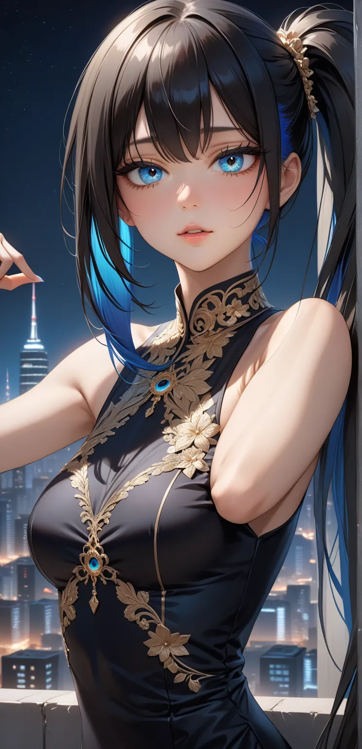 Close up, upper body, Random Sexy pose , ((Ultra detailing)), ((very aesthetic, best quality, ultra detailed)), intricate details, 1girl, ((long hair, Black hair, Side ponytail, blue inner hair)), ((Multi colour eyes)), ((Detailed eyes)), ((Beautifull eyes...