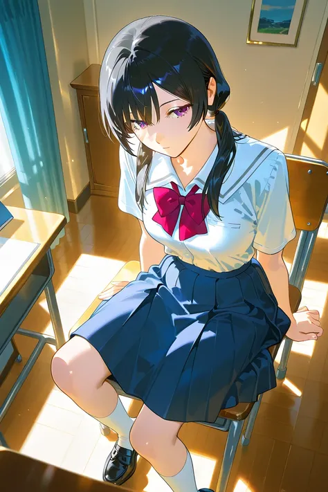 High school girl black haired nerdy pigtails expressionless design illustration wearing school uniform and skirt sitting in room Masterpiece Best Quality Model High Quality Skin 