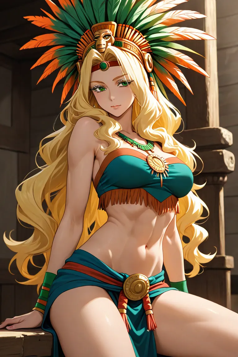 quetzalcoatl (anime rider),mature women, long hair, blond hair, thesis Clara,  long black eyelashes, green eyes, dressed in traditional Aztec costume, medium breasts and medium thighs,  slim and toned body ,  perfect face, detailed eyes